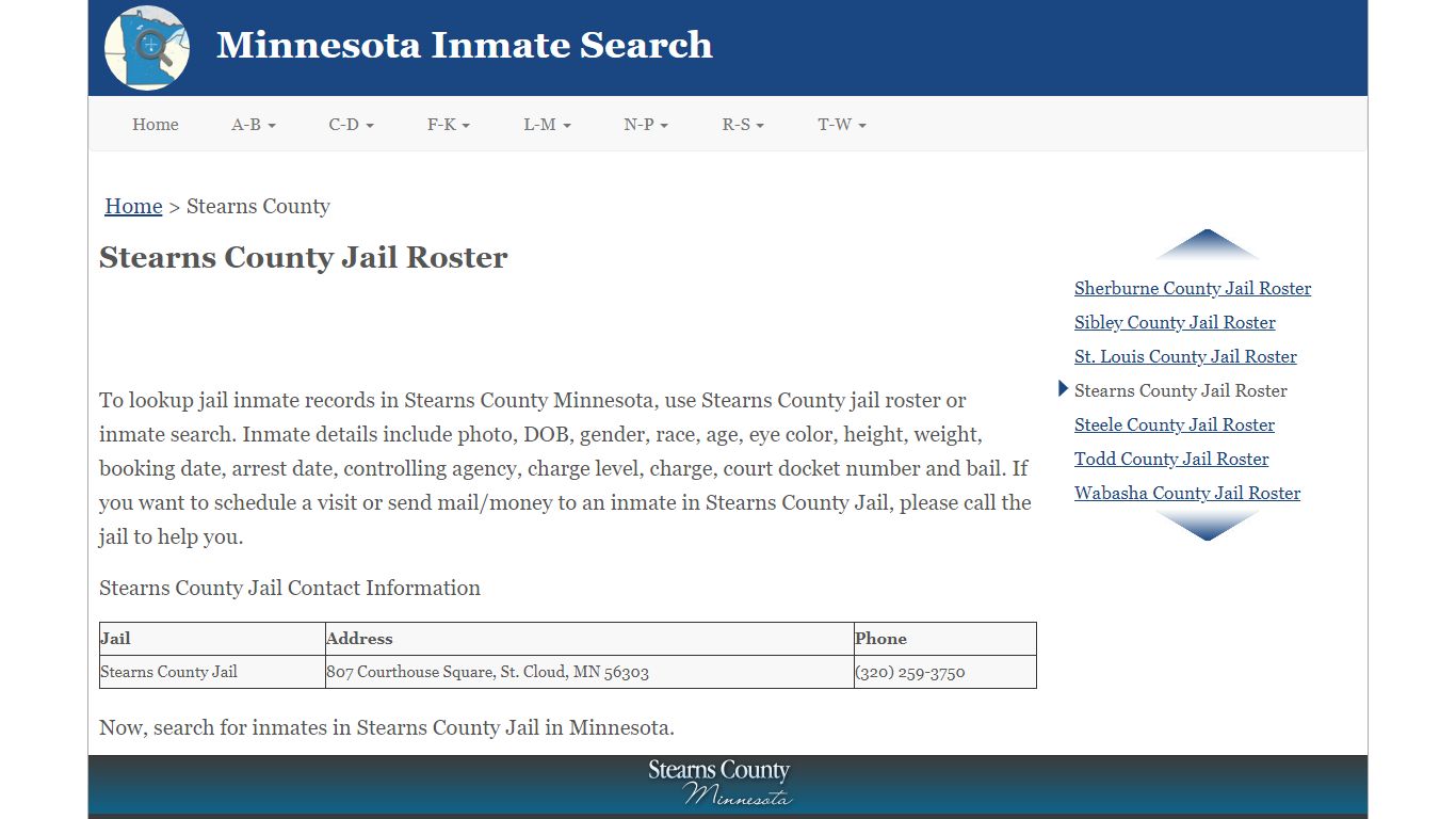 Stearns County Jail Roster - Minnesota Inmate Search